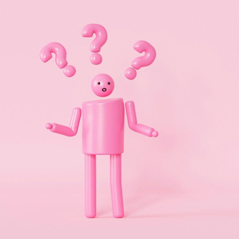 Rosa Figur mit Fragezeichen über dem Kopf, die Verwirrung oder Fragen symbolisiert.