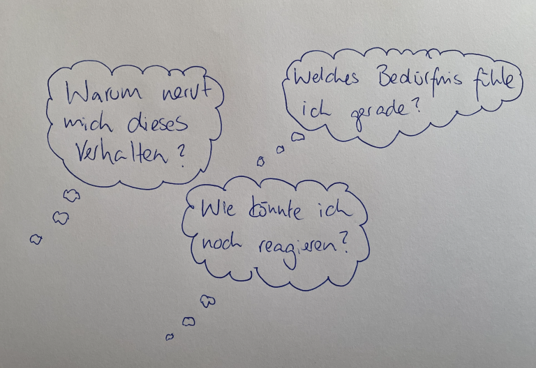 Gedankenblasen mit Fragen: "Warum nervt mich dieses Verhalten?" und "Wohin will ich eigentlich?".