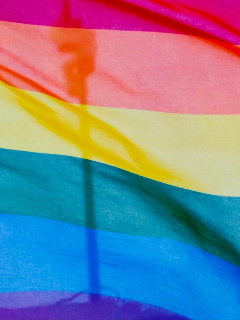 Regenbogenflagge mit einem Schatten, der eine Statue zeigt.