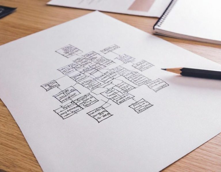 Diagramm auf Papier mit strukturierten Informationen, Bleistift daneben.